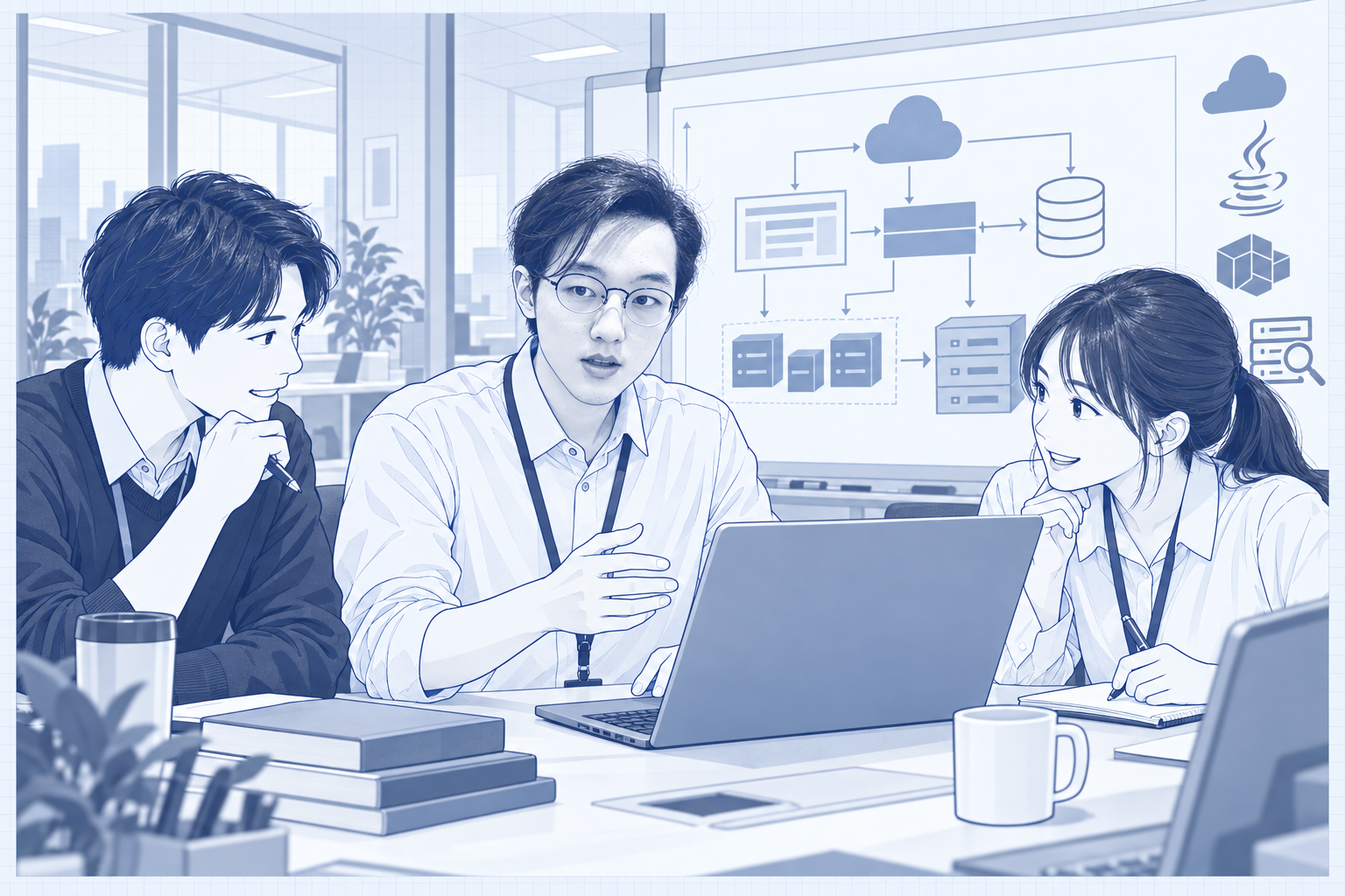 仲間とJavaやAWSのチーム開発を学ぶ研修の場面