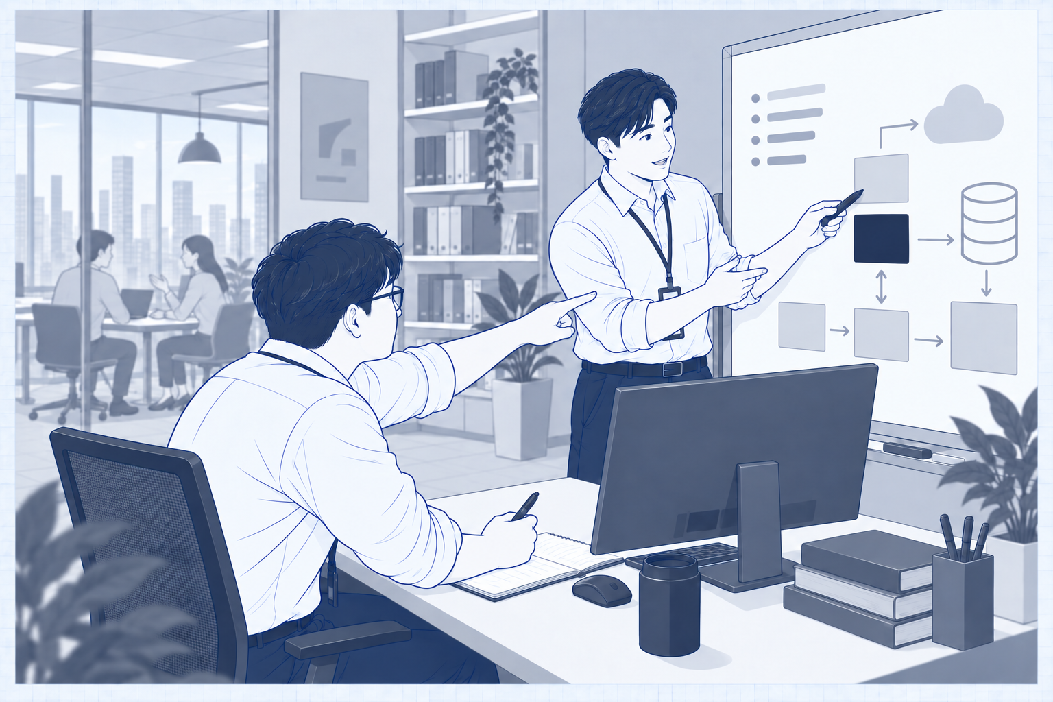 チームでシステム構成を検討する場面