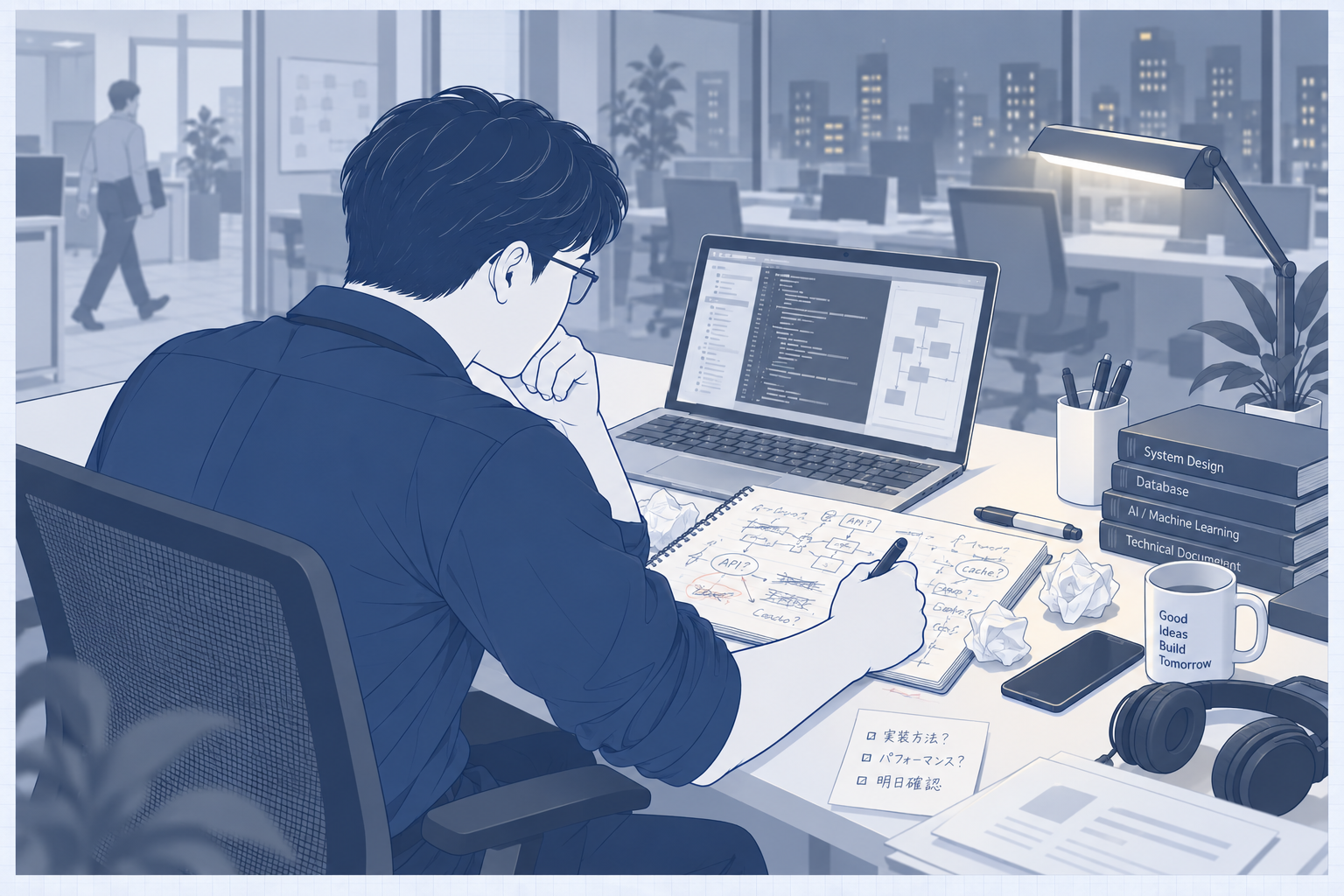 資料を調べながら課題の解決方法を考える場面