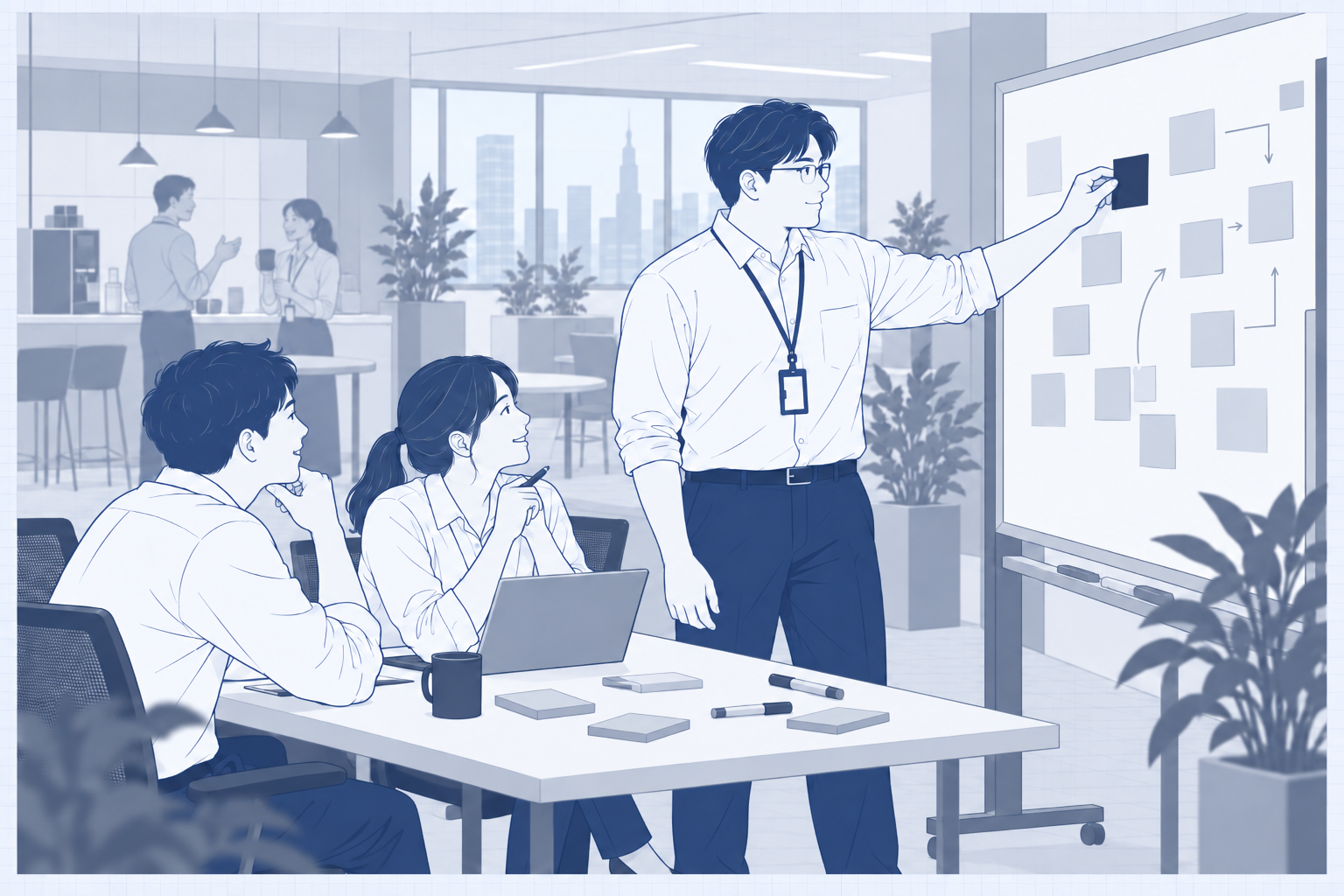 仲間と意見を交わしながら計画をまとめる場面